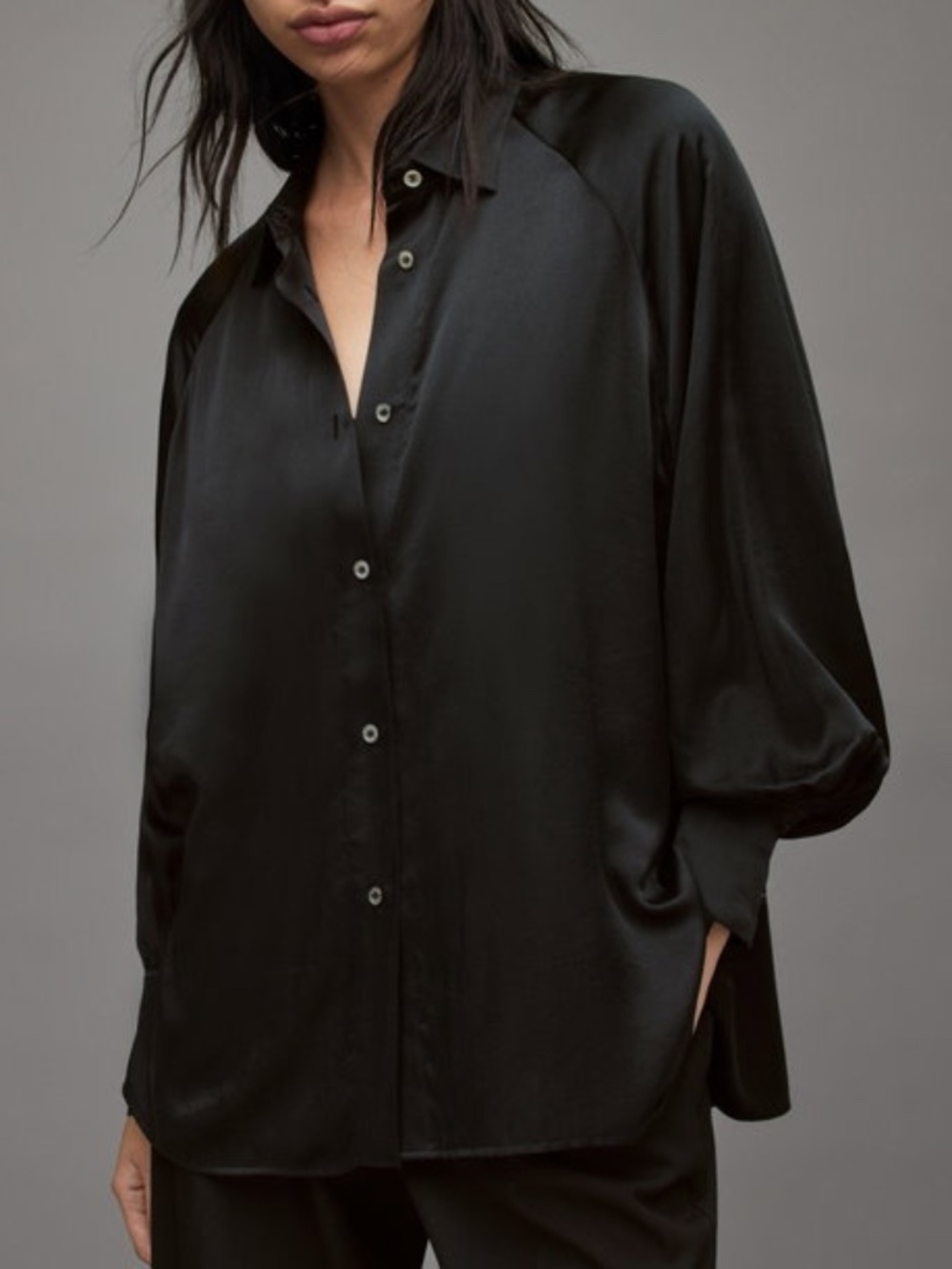 NWT AllSaints Oana Silk Blend Button Down Collared Blouse Shirt, Black, Sz US 2